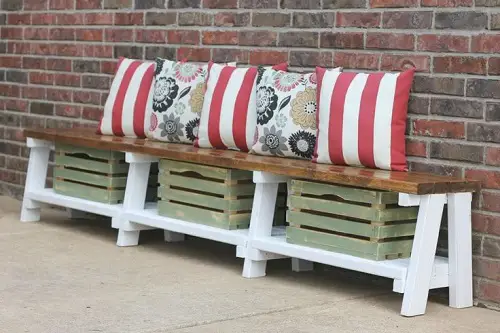 Long Bench with Cushions and Wooden Crates