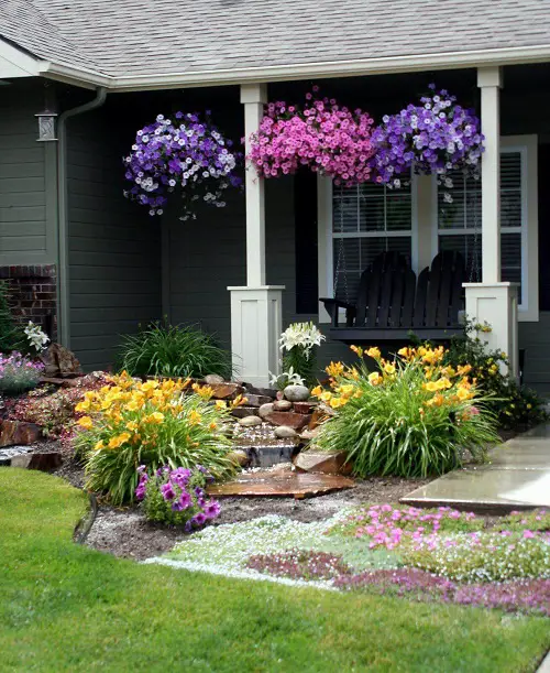  Daylily Flowerbed with Hanging Baskets of Blooms