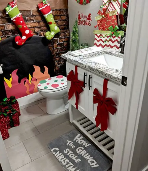 Red Bow, Christmas Socks, and Paper Crafts in bathroom