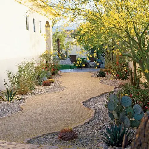Side Yard Desert Landscaping Ideas Sand Pathway and Gravel Flower Beds
