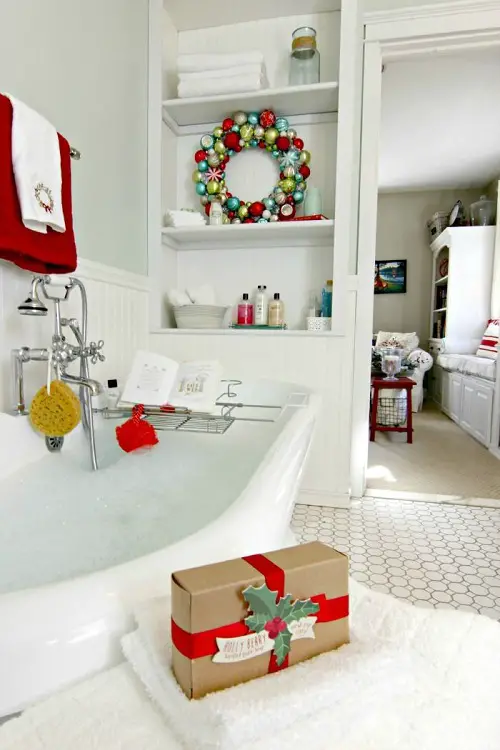 Red Towel, Christmas Gift Box, and a Wreath of Baubles