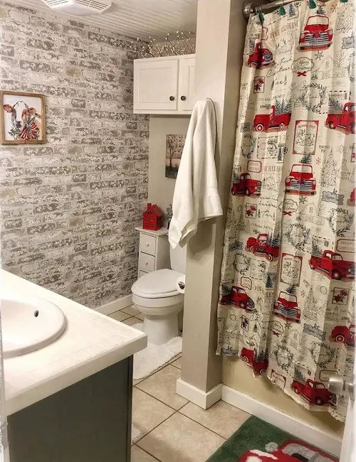 A Small Red House Figurine and Christmas Shower Curtain