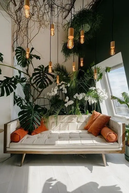 Monstera, Flowers, and Hanging Lights near couch