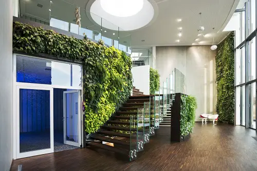 Garden on the Staircase Living Walls with a Mix of Dark and Light Greens