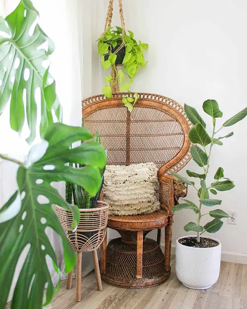 tiny nook Hanging Pot, Plant Stand, and White Planter with a Wooden Chair