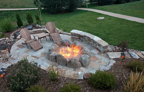 Flagstone Patio with Boulder Fire Pit