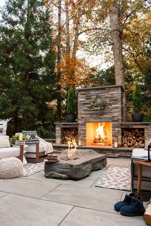 Boulder Table and Flagstone Fireplace