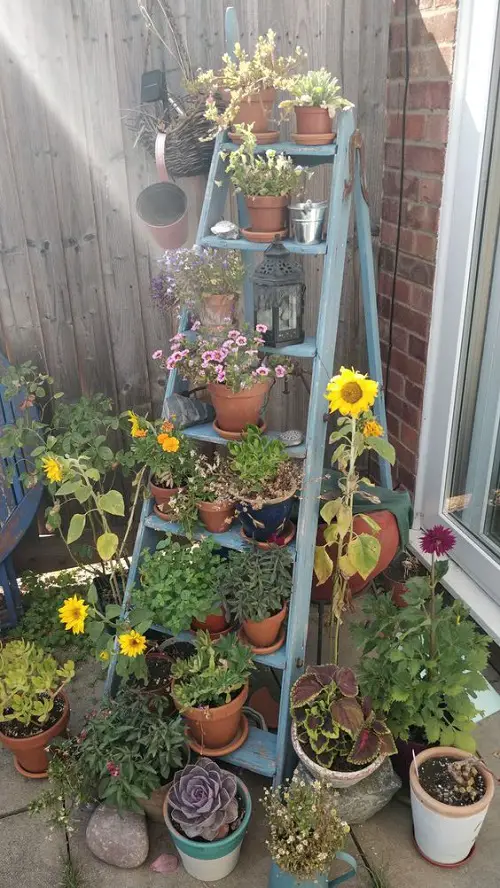 When 40 Cheap Flea Market Things Become Garden Old Ladders as Plant Stand