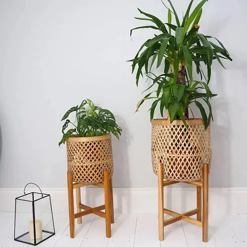 Wooden Plant Stands with Bamboo Baskets