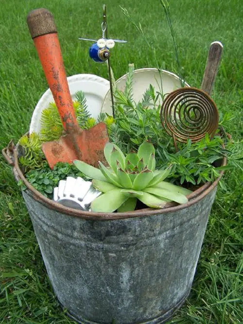 Metal Bucket Succulent Garden with Utensils