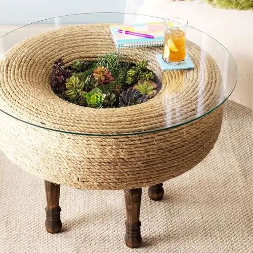 Fantastic Plant Spherical Glass Table, Tire, Rope, and Plants