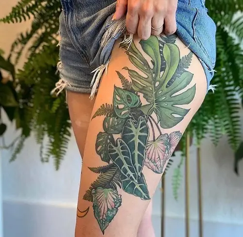 Monstera Leaves on the Thigh tattoo