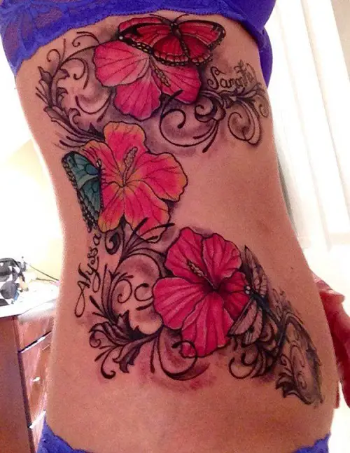 Side Body Hibiscus with Butterflies tattoo