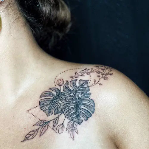 Monstera Leaves with Geometrical Shapes and Vines tattoo