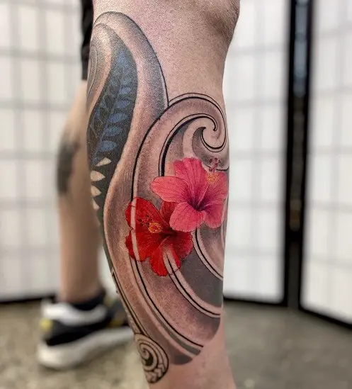 Hibiscus Blooms on Tribal Patterns tattoo