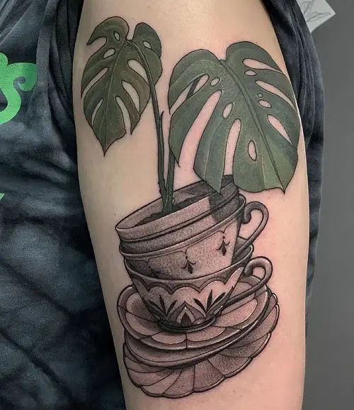 Teacups and Monstera Art Piece tattoo