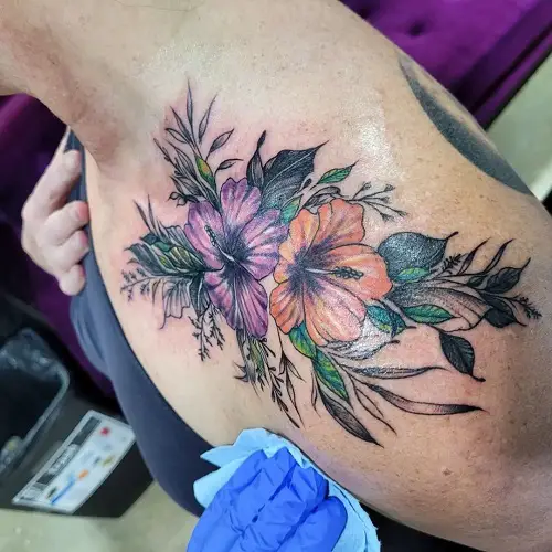 hibiscus flower Purple and Orange Hibiscus Pair Tattoo