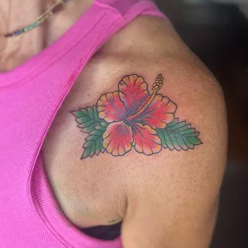Colorful Hibiscus Shoulder Piece tattoo