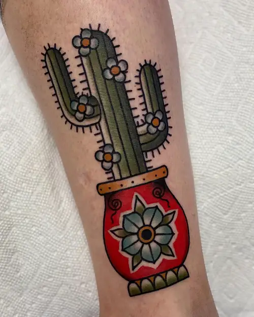 Flowering Cactus in Floral Planter tattoo