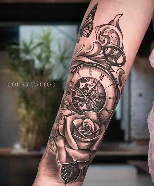 Rose, Compass, and Waves tattoo