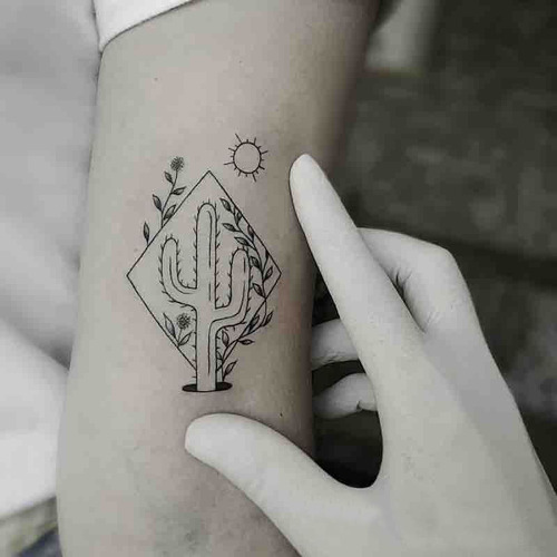 Cactus and Olive Branches below the Sun tattoo