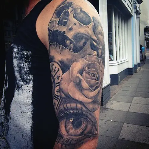 Skull, Rose, and Eye Tattoo