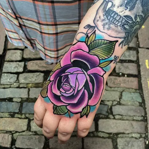 Purple Rose on Hand tattoos
