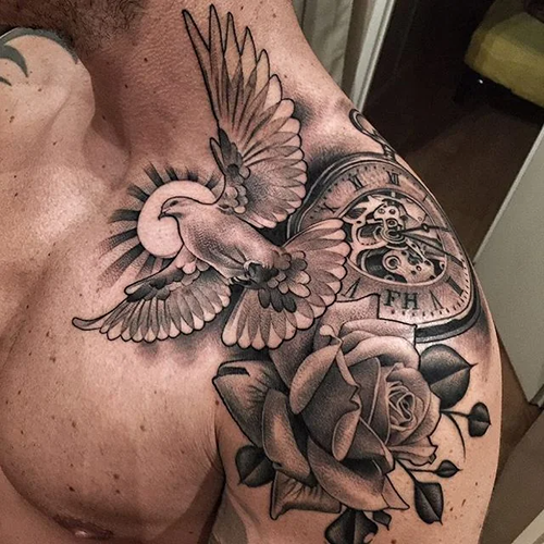 Rose, Dove, and Compass Tattoo