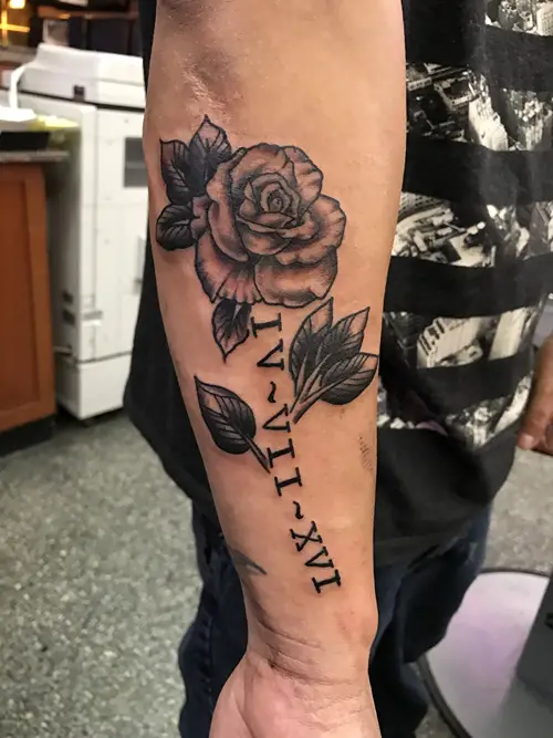 Rose with Dates in Numerals tattoo