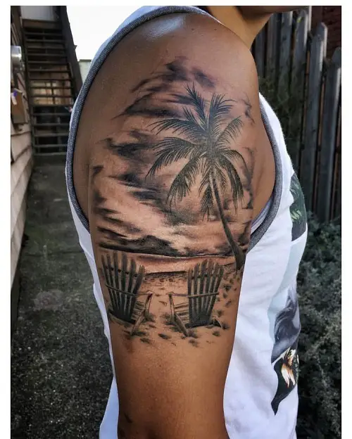 Beach Chairs and Palm Tree Shoulder tattoo 