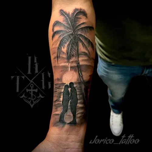 Couple Kissing under Palm Trees tattoo