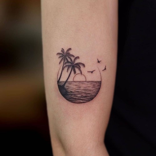 Palm Tree Sunset in a Circle tattoo 21