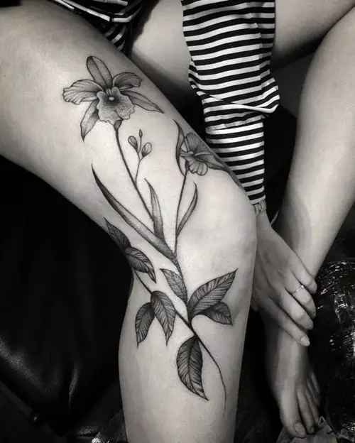 Orchid Flowers and Leaves on Knee Tattoo 11