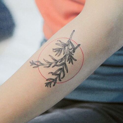 Rosemary in a Red Circle tattoo
