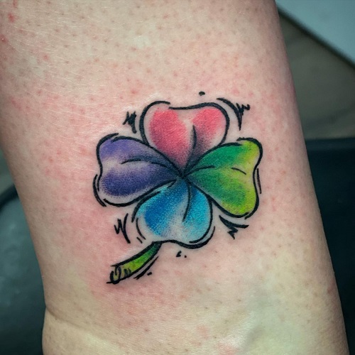 Clover with Pink, Green, Blue and Purple Leaves Tattoo 19