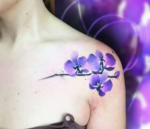 Purple Orchid on the Collar Bone Tattoo 25