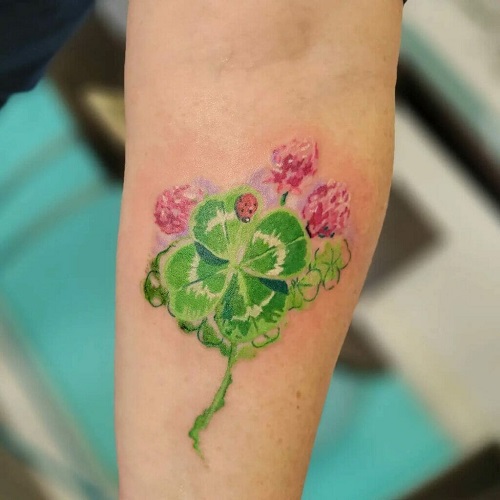 Clover with Ladybug and Pink Blooms Tattoo 28