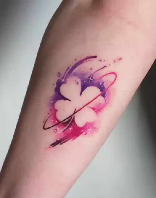 Pink and Purple Watercolor Clover Design Tattoo 30