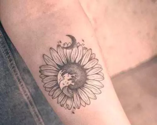 Black and White Sunflower with Moon and Tides tattoo