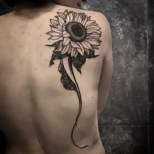 Intricate Sunflower Black and White Back Tattoo