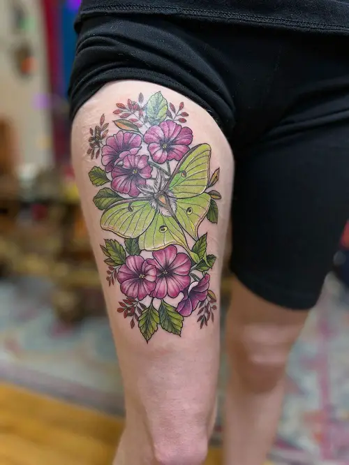 Luna Moth and Petunia on the Thigh Tattoo 21