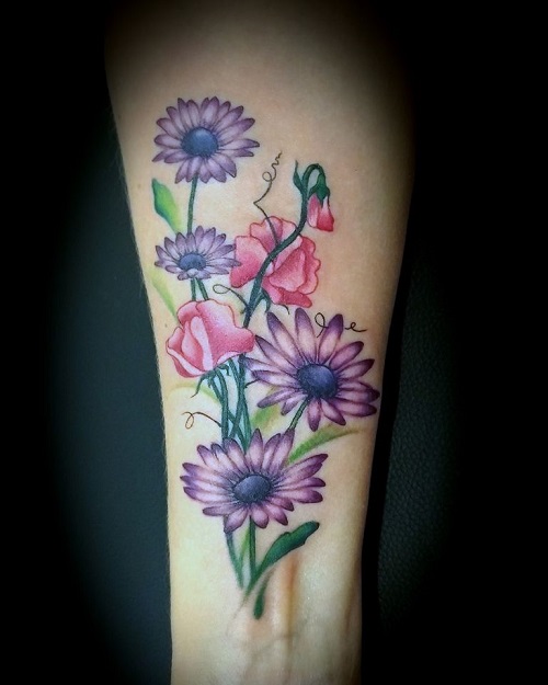 April Birth Flower tattoo Purple Daisy and Sweet Pea Ink
