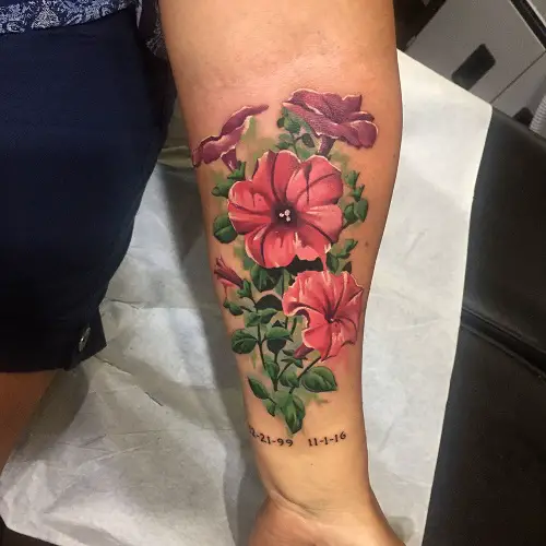 Watercolor Style Petunias with Memorable Dates Tattoo 19
