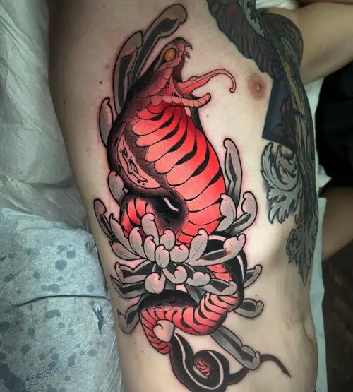 Chrysanthemum Flower Tattoo with Serpent