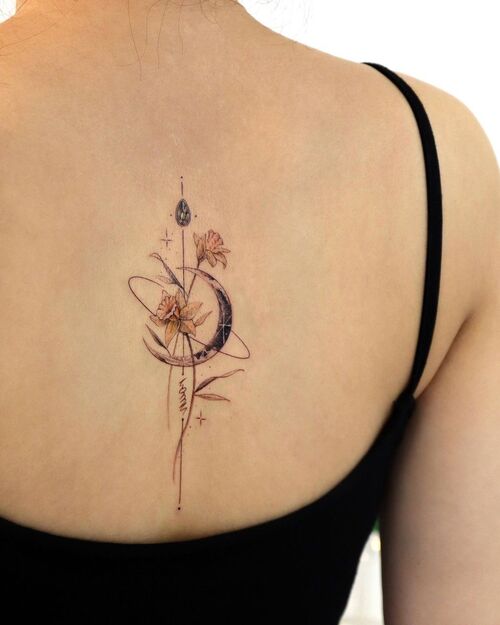 Narcissus Flower Tattoo with Gem and Moon
