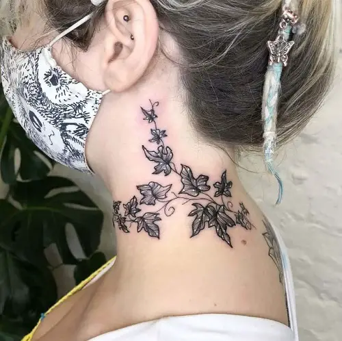 Black and White Poison Ivy on Neck tattoo