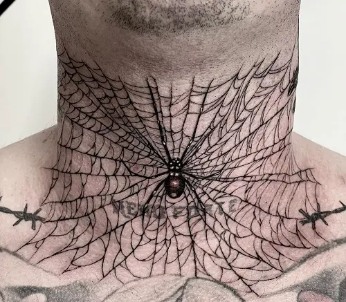 Black Widow and Spiderweb on Throat Tattoo
