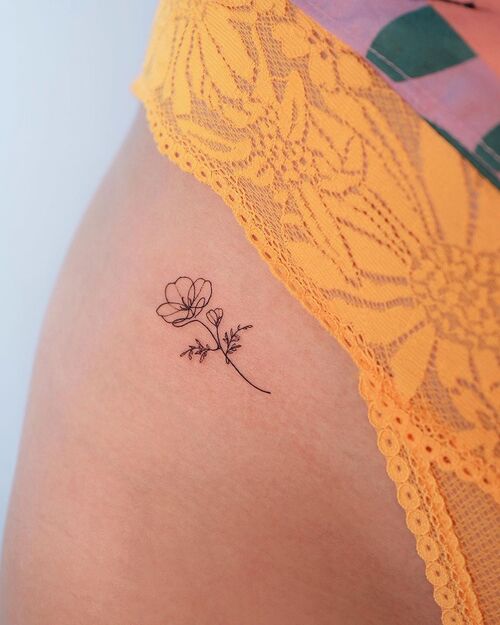 Small Poppy Flower Tattoo on Bikini Line
