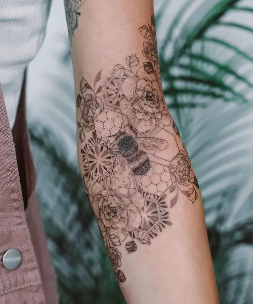 Bumble Bee with Flowers and Mandala Honeycomb Tattoo 17