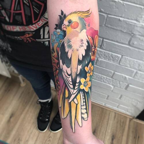 Cockatiel Bird with Pansy Flowers Tattoo